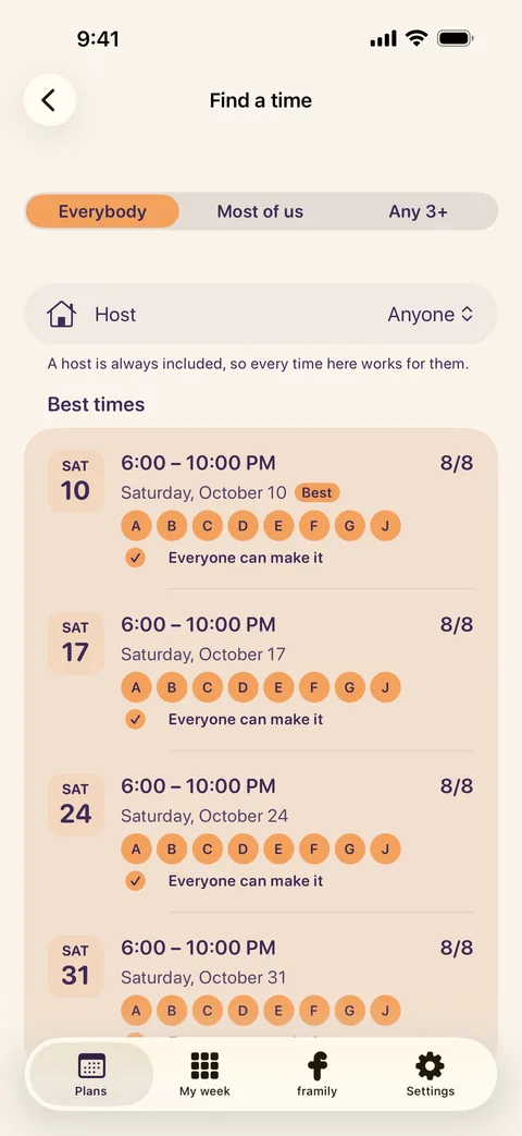 The Find a time screen in framily on iPhone, listing Saturday evenings when all eight friends can make it.